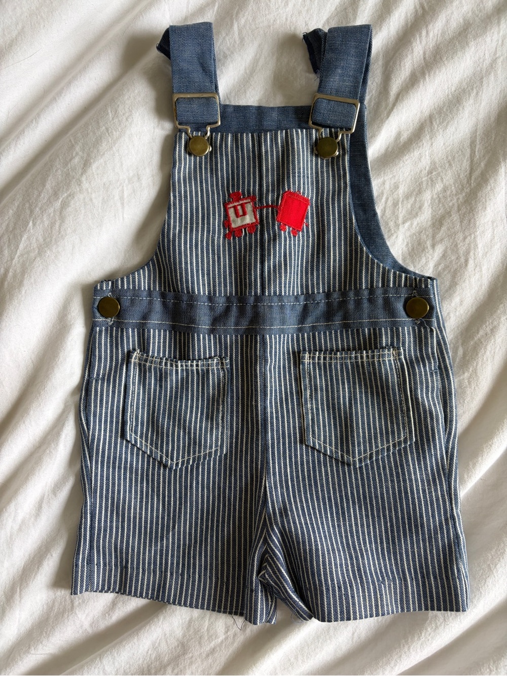 Vintage Health-tex Hickory Striped Short Kids Overalls with Red Train Patch